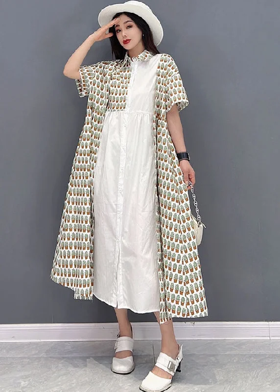 elegant maxi dressWhite Peter Pan Collar Cotton Shirt Dress Asymmetrical Design Print Short Sleeve