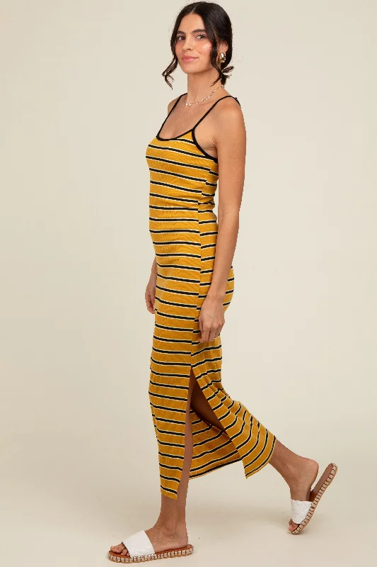 velvet dressYellow Striped Ribbed Side Slit Midi Dress