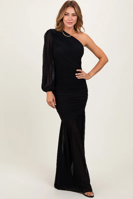 playful dressBlack Ruched Mesh One Shoulder Asymmetric Maxi Dress