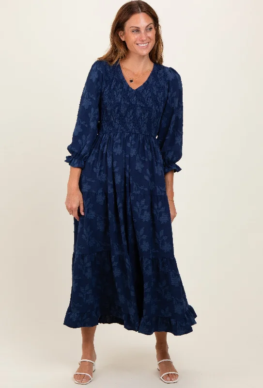 trendy dressNavy Floral Smocked V-Neck Maxi Dress