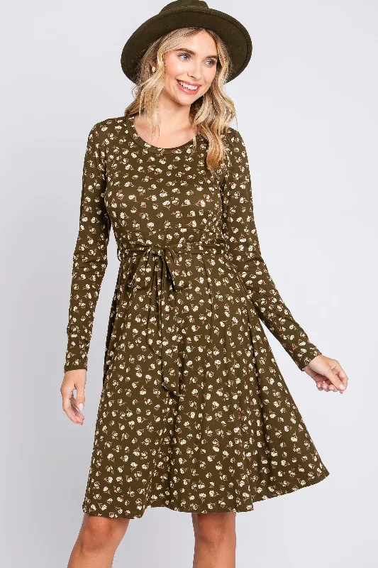 cocktail dressOlive Floral Soft Knit Long Sleeve Dress