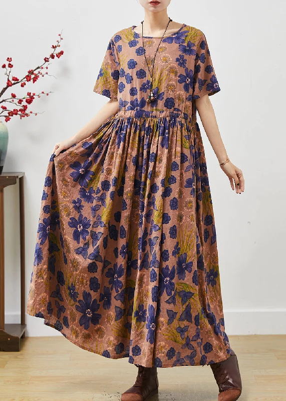 comfy maxi dressVintage Brown Cinched Print Cotton Long Dresses Summer