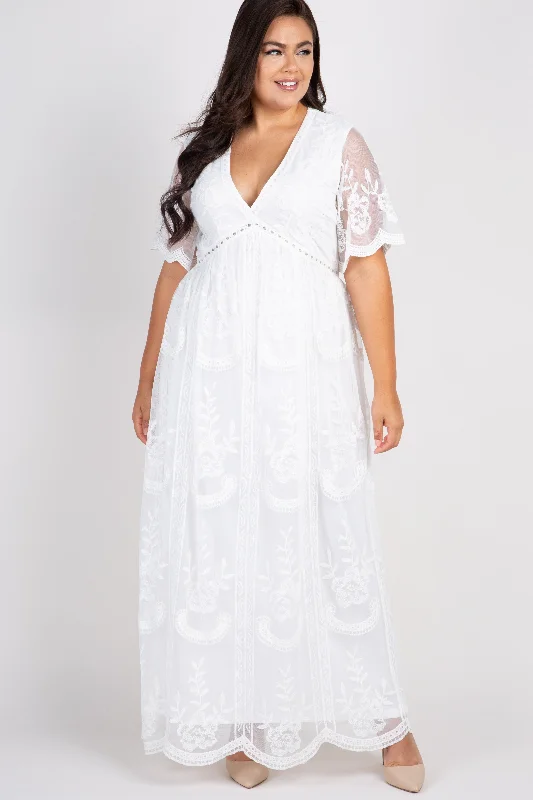 puff sleeve dressPinkBlush White Lace Mesh Overlay Plus Maxi Dress