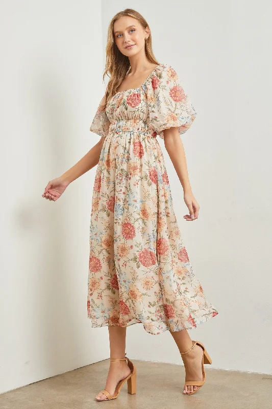 bohemian dressCream Blue Floral Chiffon Puff Sleeve Midi Dress