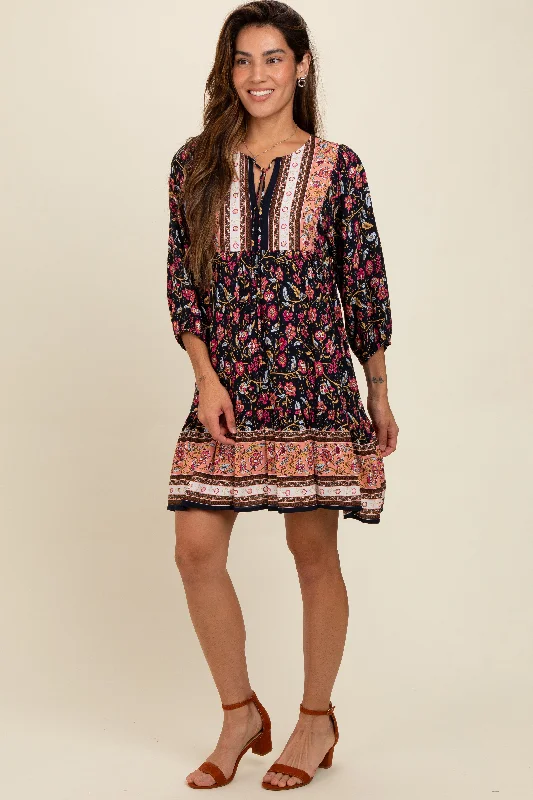 flowy dressNavy Floral Print Border Tie Front Dress