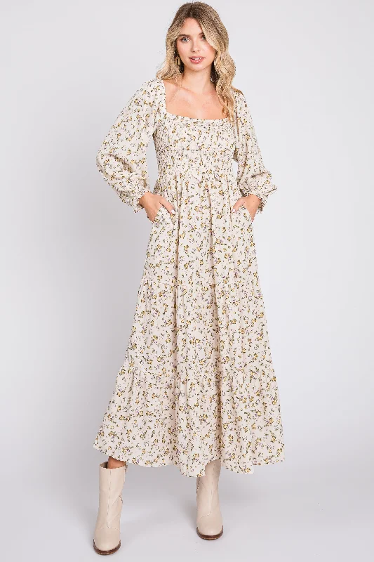 structured dressCream Floral Smocked Long Sleeve Maxi Dress