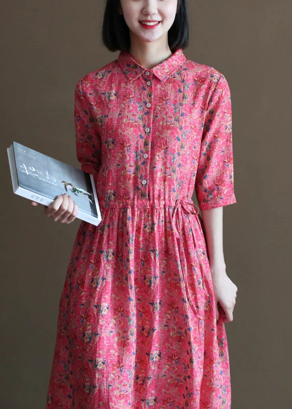 velvet dressHandmade Red Drawstring Peter Pan Collar Print Linen Shirt Dress Half Sleeve