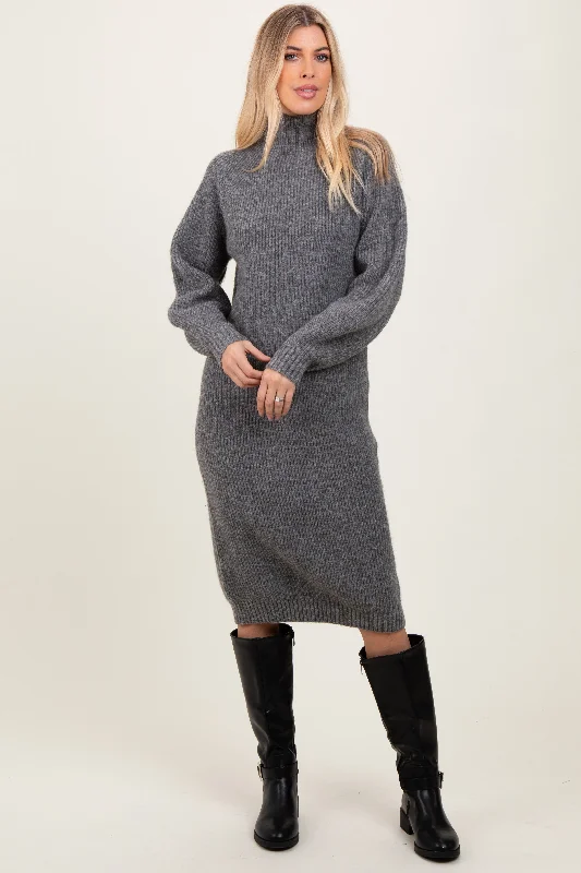 casual summer dressCharcoal Mock Neck Bubble Sleeve Midi Sweater Dress