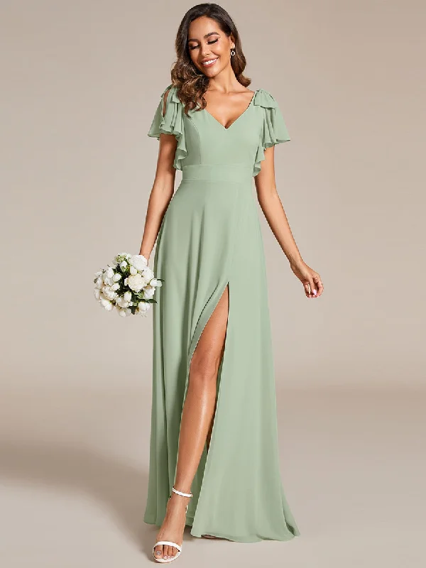 comfy dressSplit Ruffles Sleeves with Bowknot V-neck Chiffon Bridesmaid Dress