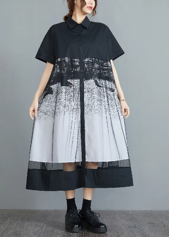 comfy dressStyle Black Peter Pan Collar Tulle Patchwork Cotton Maxi Dresses Short Sleeve