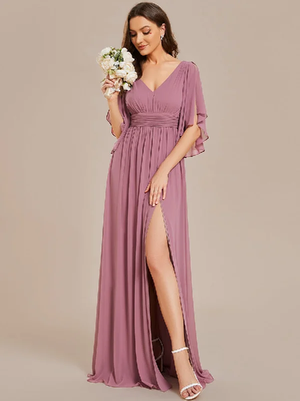 one-shoulder dressV Neck Pleated Belt Wholesale Chiffon Bridesmaid Dresses