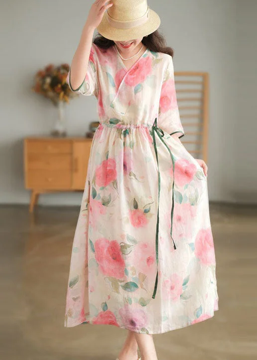 pleated dressLoose Pink O-Neck Floral Print Pocket Linen Long Dress Short Sleeve