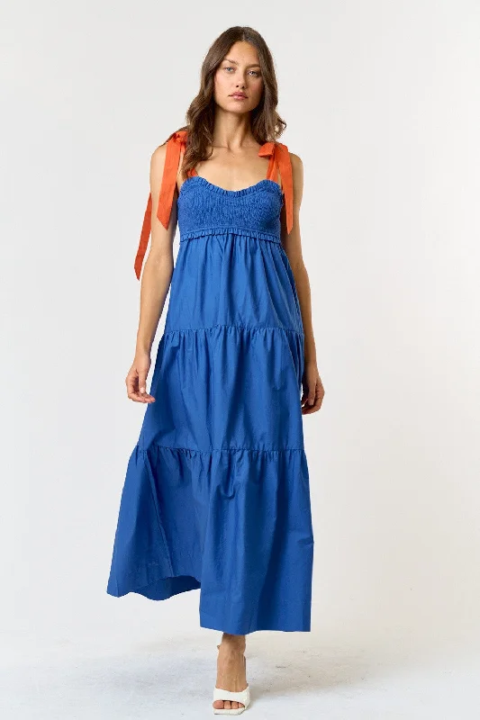 casual midi dressRoyal Blue Contrast Shoulder Straps Maxi Dress