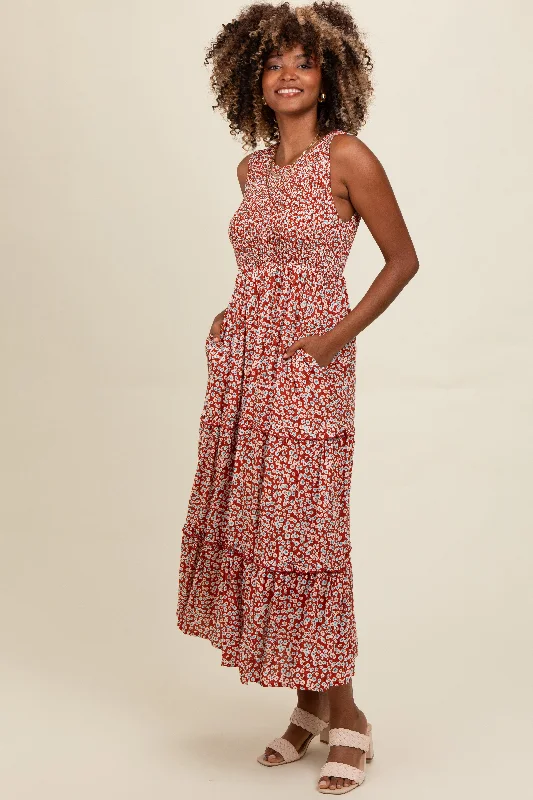 sleek midi dressRust Floral Sleeveless Ruffle Tiered Maxi Dress