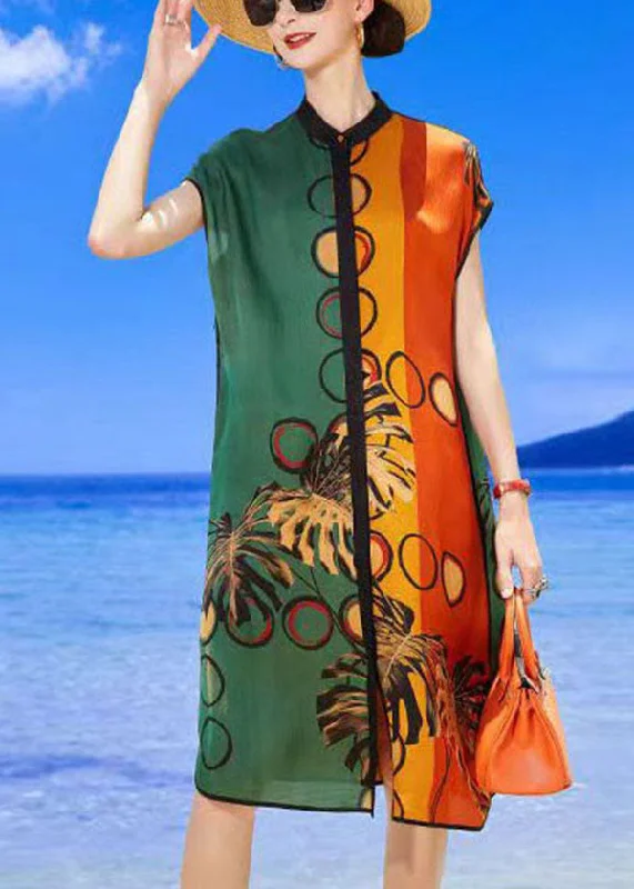 puff sleeve dressSimple Colorblock Multi Stand Collar Print Silk Beach Dresses Summer