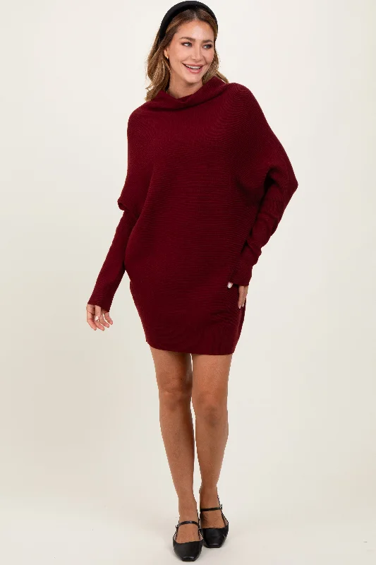 elegant shift dressBurgundy Funnel Neck Dolman Sleeve Mini Dress