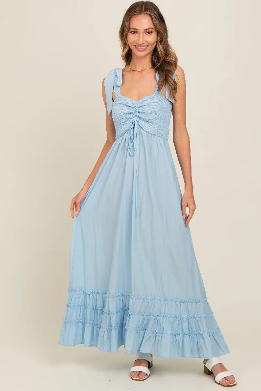 luxury dressLight Blue Sweetheart Neck Smocked Shoulder Tie Maxi Dress