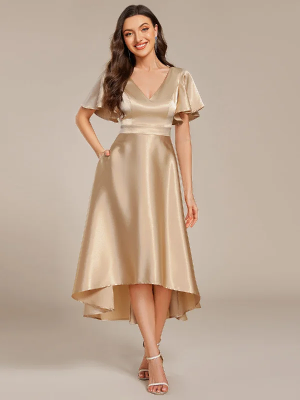 casual summer dressElegant Ruffles Sleeve Midi Length Satin Wedding Guest Dresses with Asymmetrical Hem