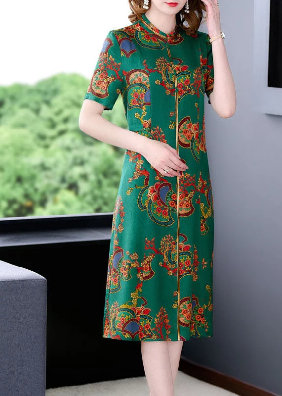 modern dressFitted Green Stand Collar Print Silk Long Dresses Short Sleeve