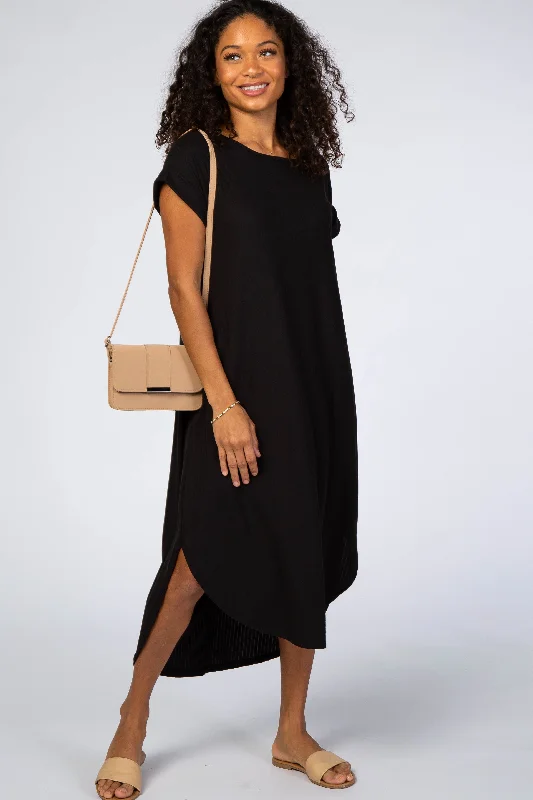 structured dressBlack Ribbed Curved Hem Midi Dress