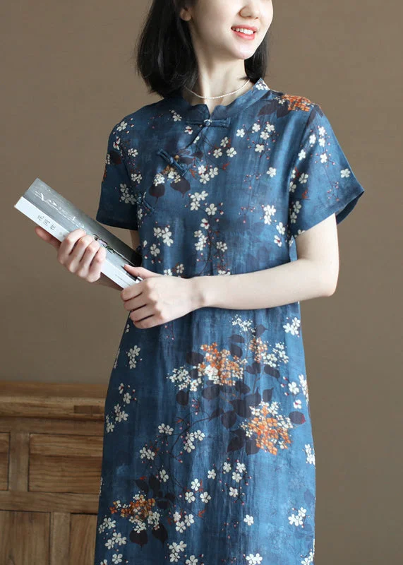 wool dressElegant Navy Stand Collar Print Oriental Button Linen Chinese Style Dress Short Sleeve