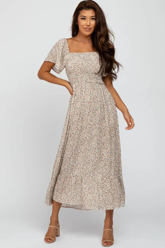 one-shoulder dressIvory Floral Smocked Maxi Dress