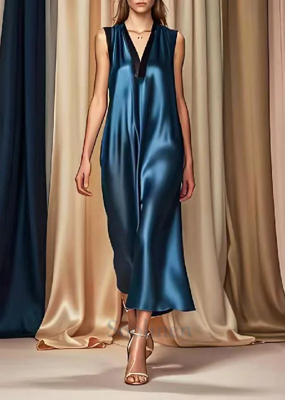 statement dressStyle Navy V Neck Draping Silk Maxi Dresses Summer