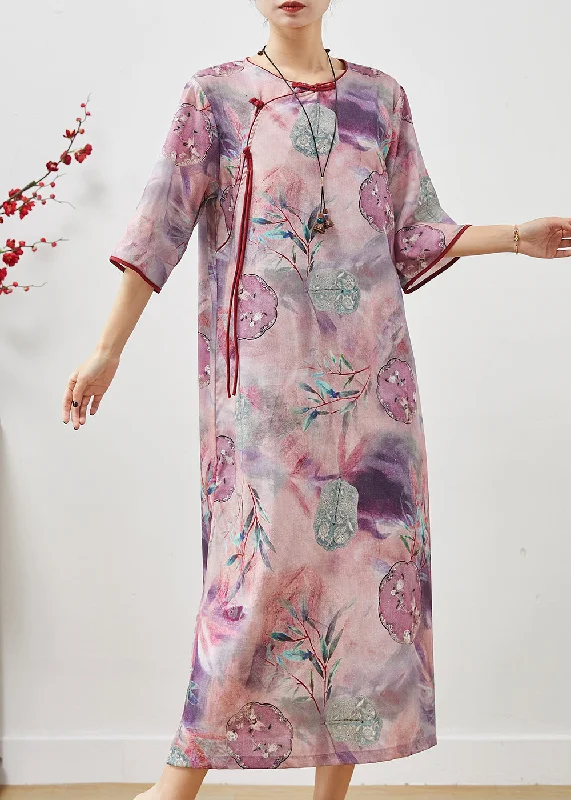 winter dressVintage Purple Tasseled Print Cotton Cheongsam Dresses Summer