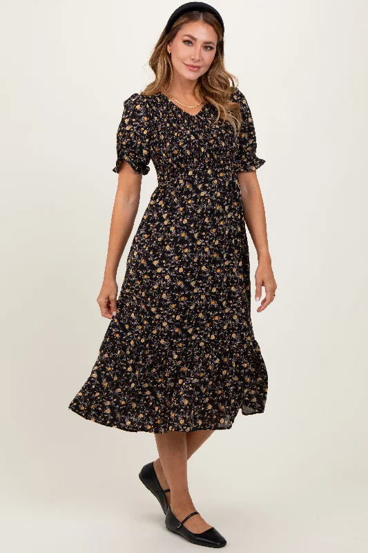 trendy wrap dressBlack Floral Print Smocked Ruffle Hem Midi Dress