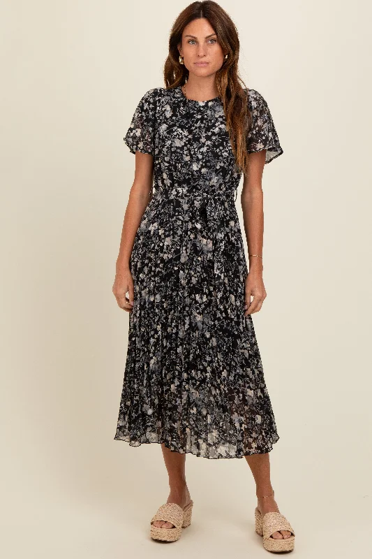 bohemian dressBlack Floral Pleated Midi Dress