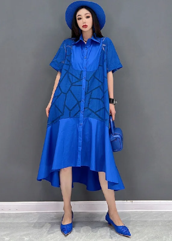 comfy maxi dressPlus Size Blue Peter Pan Collar Patchwork Ruffles Low High Design Cotton Dress Short Sleeve