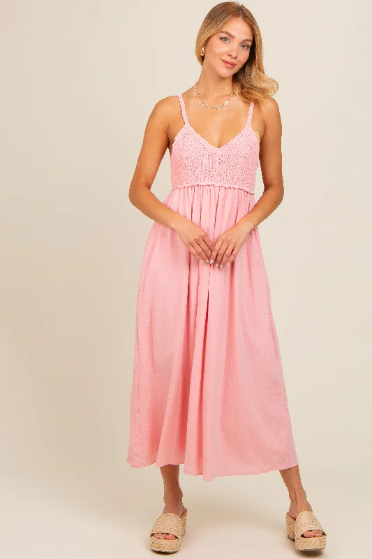 casual evening dressPink V-Neck Crochet Top Midi Dress