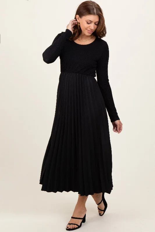 elegant dressBlack Knit Contrast Pleated Skirt Midi Dress