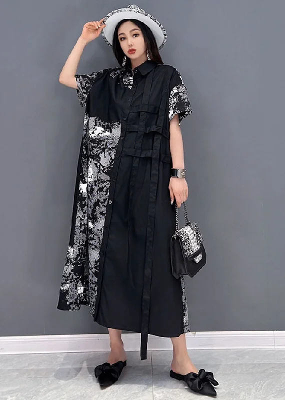 casual dressBohemian Black Peter Pan Collar Print Cotton Shirt Dress Short Sleeve