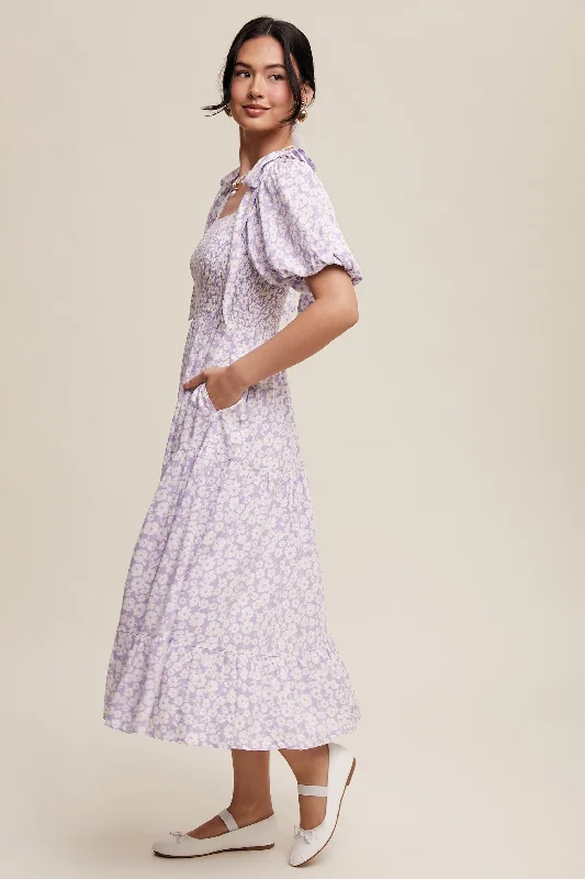 sleek dressBlue Floral Off Shoulder Smocked Dress