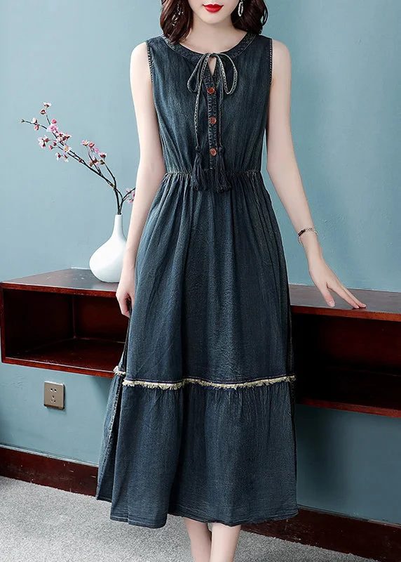 long sleeve dressBoutique Denim Blue O-Neck Lace Up Button Cotton Cinch Dresses Sleeveless