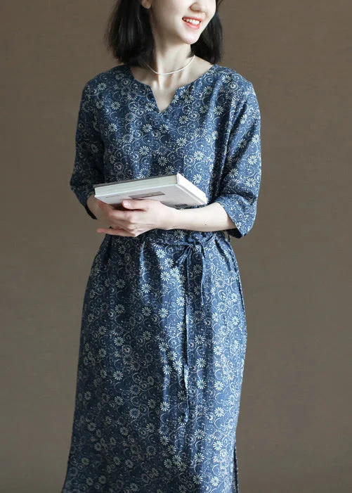 playful dressUnique Navy V Neck Print Tie Waist Linen Women's Dresses Half Sleeve