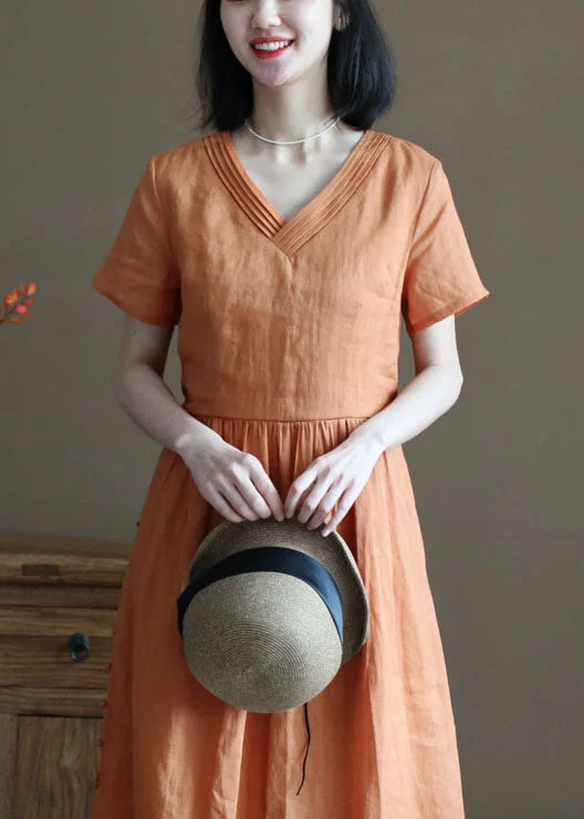 cocktail party dressBohemian Solid Orange V Neck Wrinkled Linen Cinch Dress Short Sleeve