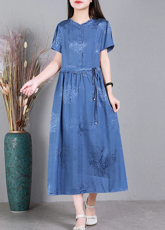 luxury dressDiy Blue Ruffled Tie Waist Jacquard Silk Long Dress Short Sleeve