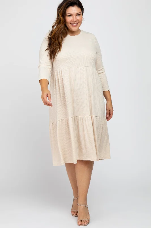 high-waisted dressBeige Tiered Ribbed 3/4 Sleeve Plus Midi Dress