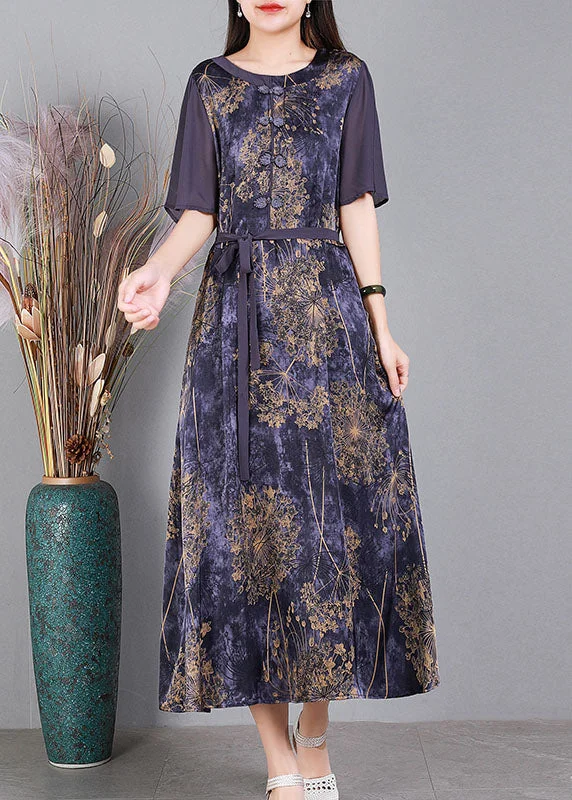 bodycon dressVintage Purple O-Neck Patchwork Tie Waist Print Silk Long Dress Short Sleeve