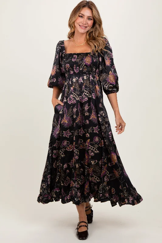 chic wrap dressBlack Floral Smocked Ruffled Hem Maxi Dress