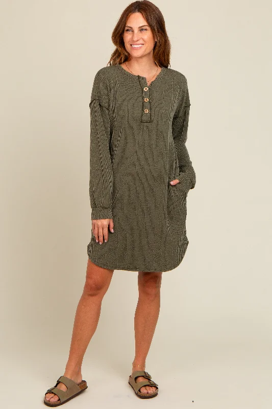 bohemian dressOlive Ribbed Button Accent Dress