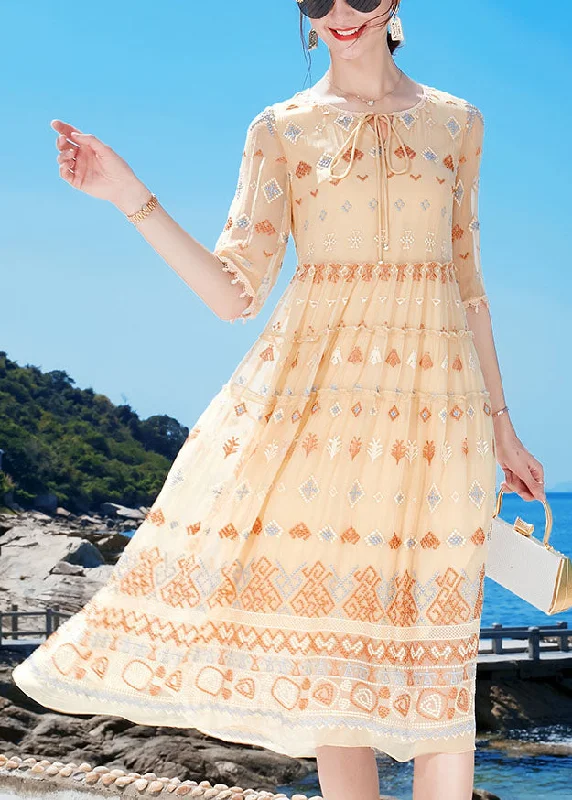 t-shirt dressCasual Apricot O-Neck Ruffled Print Tassel Silk Holiday Dress Half Sleeve