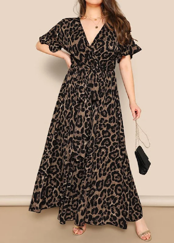 long sleeve dressItalian V Neck Leopard Print Tie Waist Long Dress Butterfly Sleeve