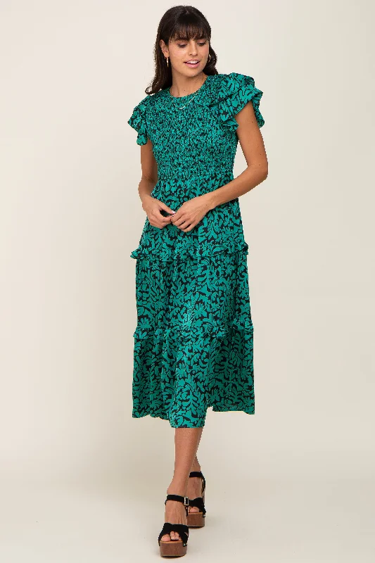 off-the-shoulder dressGreen Print Smocked Ruffle Tiered Midi Dress