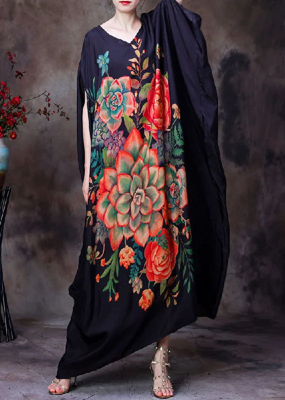 boho-chic dressPlus Size Black Original Design V Neck Floral Print Silk Long Dress Batwing Sleeve