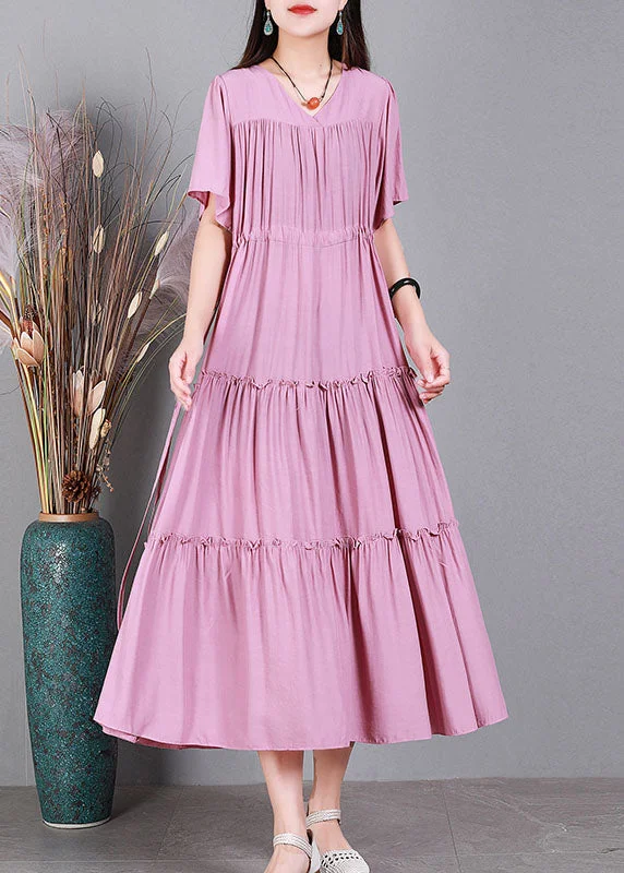 trendy wrap dressLoose Pink Drawstring Patchwork Ruffled Cotton Pleated Dresses Short Sleeve