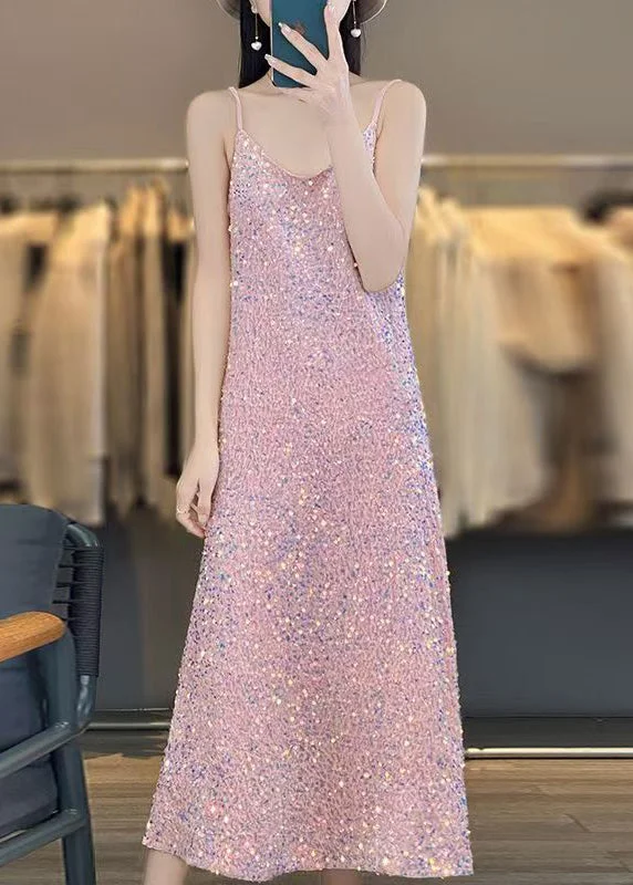 trendy mini dressNovelty Pink V Neck Sequins Spaghetti Strap Dress Sleeveless