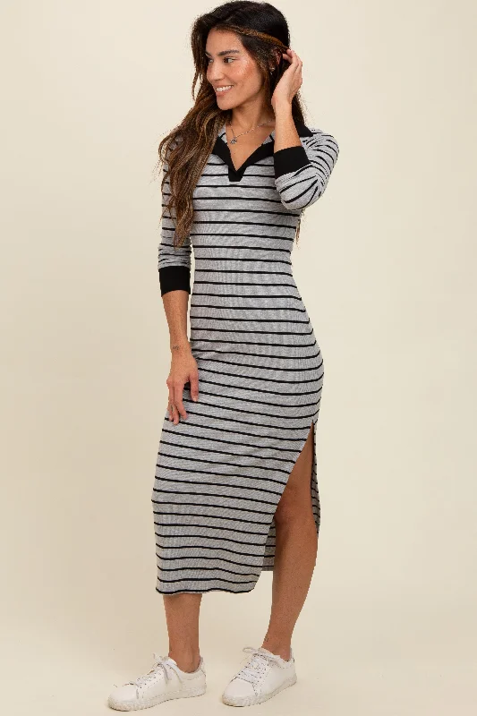 velvet dressHeather Grey Striped Collared Long Sleeve Midi Dress